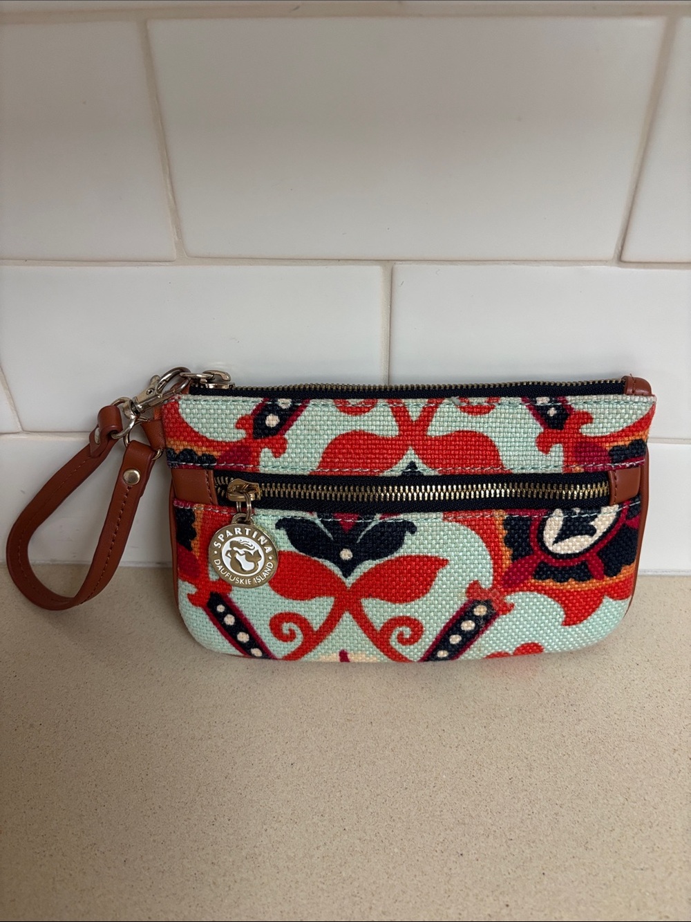 Spartina 449 Mint, Red & Navy Beaded Wristlet with Leather Strap